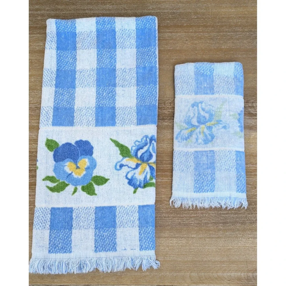 Vtg 70s Lady Pepperell Blue Check Plaid Floral Bath Hand Towel Set Cottagecore